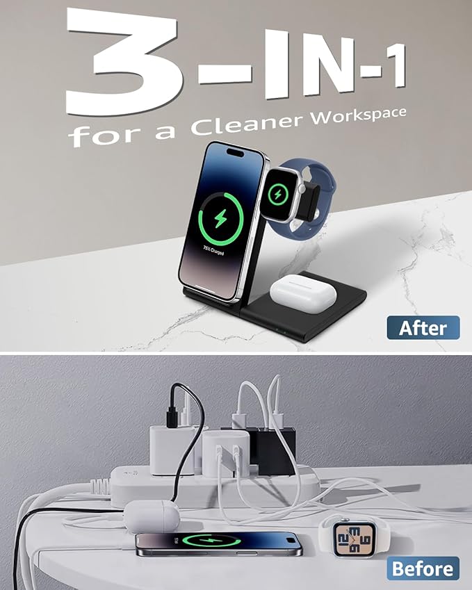 3 in 1 Foldable Wireless Charging Station for Apple Devices, 15W Fast Wireless Charger Stand for iPhone 17/16/15/14/13 /Plus/Pro/Pro Max/12/11, Apple Watch 10/9/8/7/Ultra2/Ultra/SE, AirPods 4/3/2/Pro