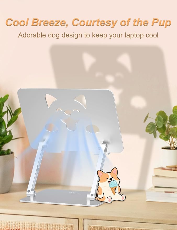 Laptop Stand for Desk-Adjustable, Foldable, Portable, Ergonomic Aluminum Notebook Riser with Unique Puppy Cooling Vent, Desk Gift for 10-17.3" Devices Mac, Dell, HP, Lenovo, Samsung, Silver
