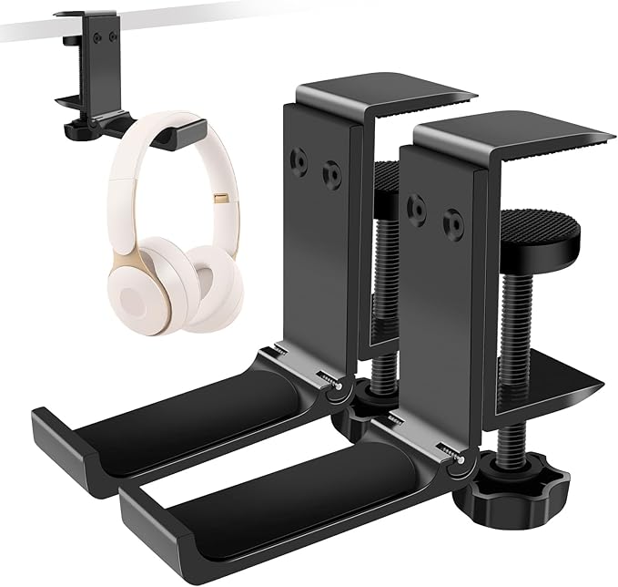 2PCS Headphone Stand Hanger Holder, Foldable Aluminum Desk Headphone, Universal Space Saving Headset Stand Multifunctional Under Desk Hanger for Home Office