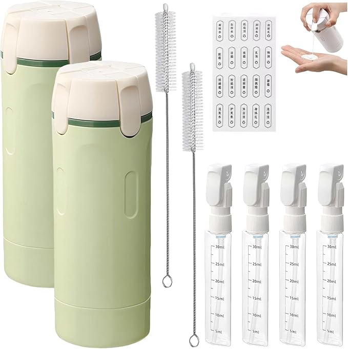 4-in-1 Leakproof Rotatable Travel Dispenser Set - 4 PCS 40ml Travel Bottles for Toiletries, Leak Proof & Press-Type Design, Portable Containers for Shampoo Lotion Conditioner Cream (2*Green)