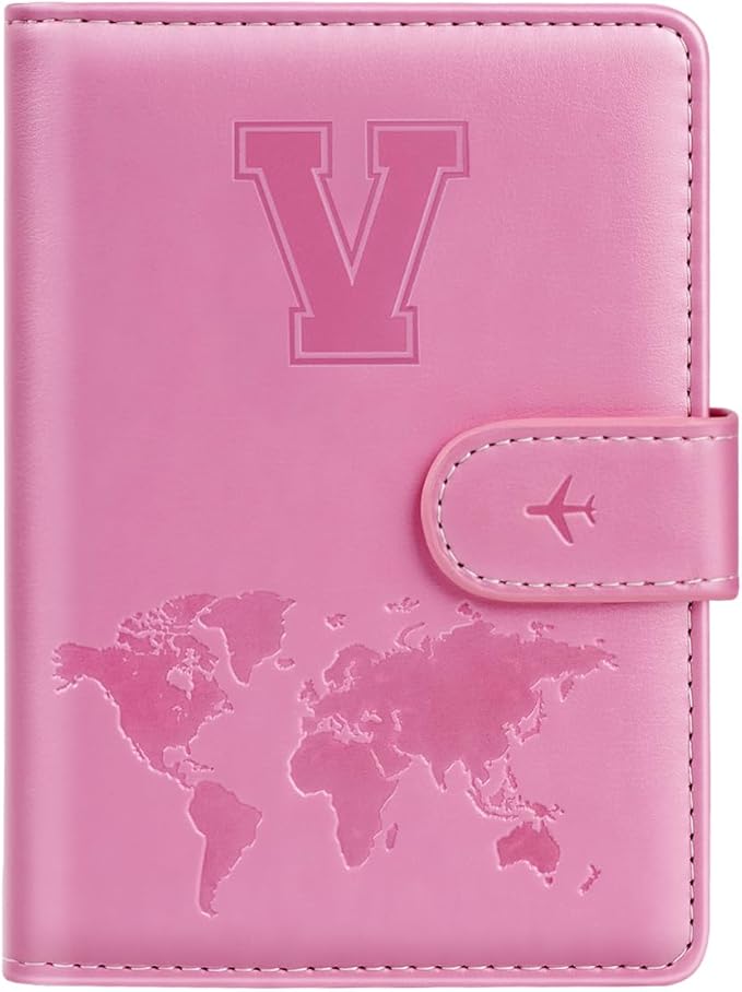 Passport Holder Cover Initail Letter A-Z Travel Wallet 3D Embossed Design RFID Blocking Card Holder Personalized Gift Passport Cover Wallet, Passport Book Holders for Women and Girls, Pink-V