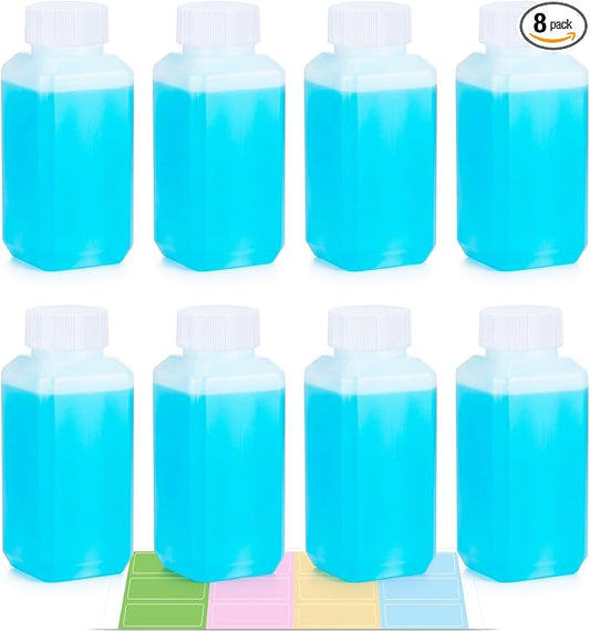 DEMORA 3.4oz Small Square Plastic Travel Bottles, Reusable Leak Proof Liquid Containers with Caps and Stickers for Pill, Water, Juice (Translucent, 8 Pcs)
