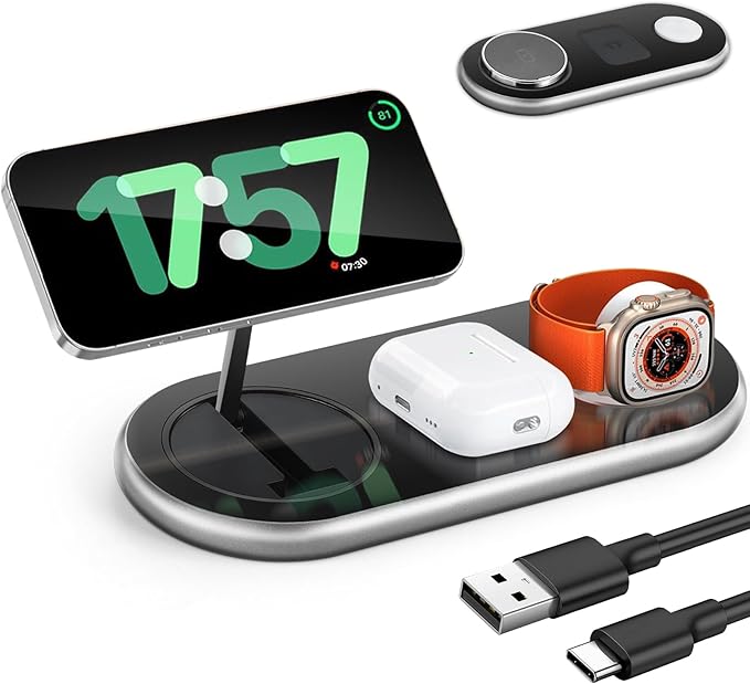 LOOWARTS Wireless Charger iPhone Apple Qi2 Magsafe Charger 3 in 1 Charging Station Apple Magsafe Charger Stand for iPhone 16 15 14 13 12 Plus Pro Max, Apple Watch 1-9 Ultra, Airpods 2-3 Series