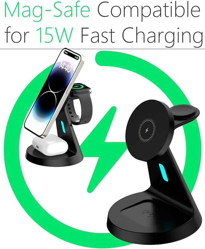 Wireless Charger Compatible with Mag-Safe,3 in 1 Charging Station for iPhone17/16/15/14/13/12 Series, Apple Watch,AirPods,15W Fast Charging (USB-C Adapter Included)