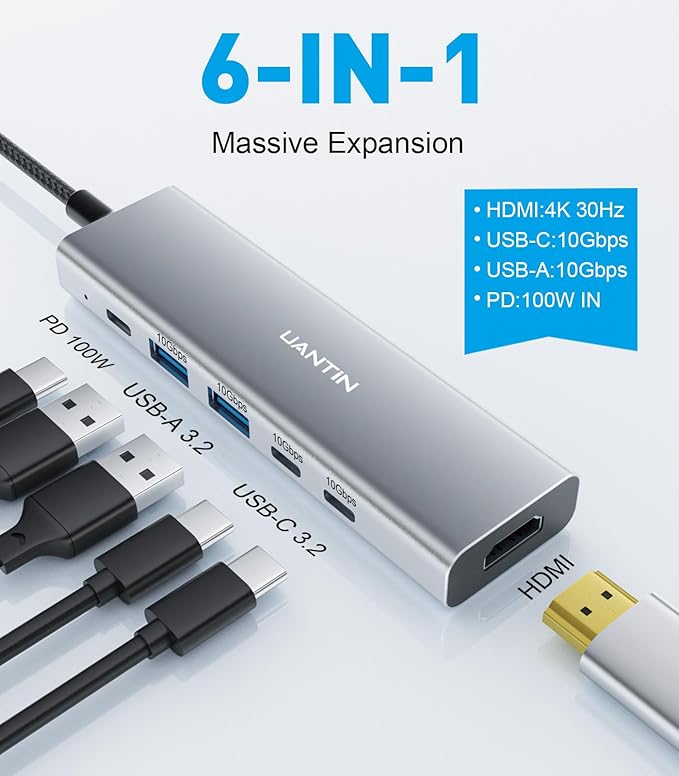 USB-C Hub (6-in-1) Multiport Adapter with 10Gbps USB C 3.2 & USB-A 3.2 4K HDMI, 100W Power Delivery, USBC Dongle for MacBook Pro/Air, iPad Pro, ThinkPad, iMac and More