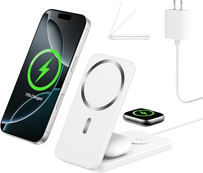 Compatible MagSafe 3 in 1 Wireless Charging Station for Apple, Magnetic Foldable Charger Stand for iPhone 17/16/15/14/13/12 Pro Max, Apple Watch Ultra/Series & AirPods Pro Fast Charging Dock