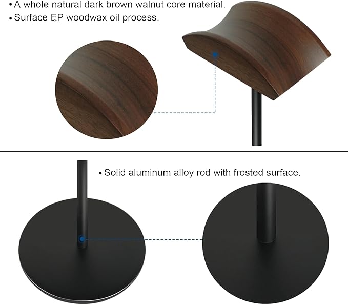 Headphone Stand for Desk - Headset Holder with Aluminum Alloy Support Rod, Gaming Headset Stand with Wooden Support Plate