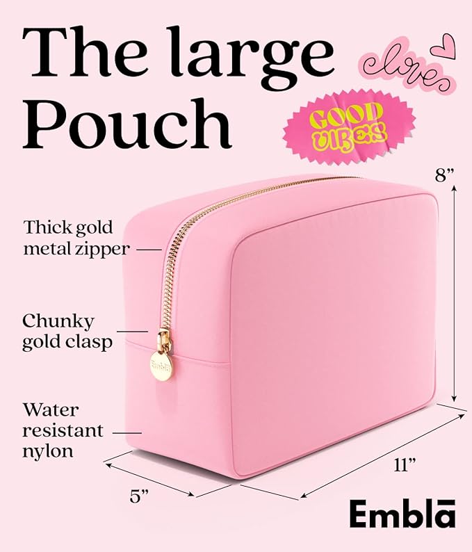 Embla Large Makeup Bag and Waterproof Nylon Travel Toiletry Bag, Large Capacity Cosmetic Zipper Pouch, Light Pink