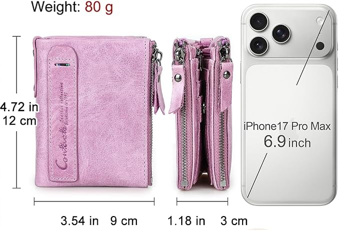 CONTACTS Soft Leather Wallet for Women Small Bifold Coin Purse Double Zipper Card Holder with RFID Blocking (Pinkish Purple)