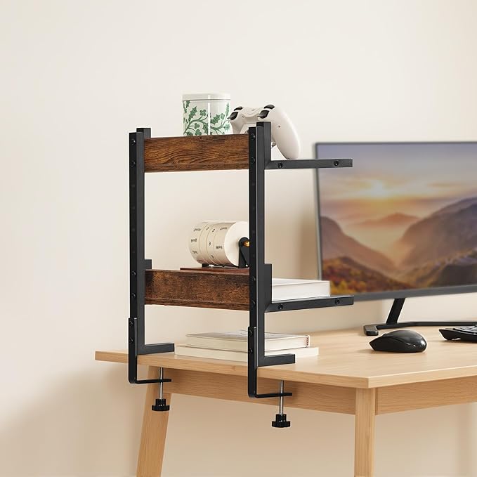 HOOBRO Clamp On Desk Shelf, 2-Tier Desktop Organizer, Space-Saving Desk Shelf with Adjustable Shelves, for Office, Study, Entertainment Accessories, Rustic Brown and Black BF32SJ01