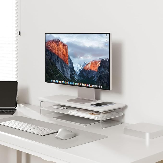 Fenge Acrylic Monitor Stand Riser, 23.6 Inches Monitor Stand with Metal Storage, 2 Tier Acrylic Computer Riser for Desk, Clear Laptop Stand for PC, Laptop, Printer, TV, White