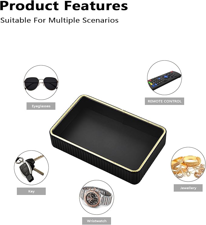 PU Leather Valet Tray,Desk Organizer Tray Nightstand Organizer Trinket Dish Storage Key Bowl Decorative Trays for Phone Wallet Jewelry Watch,Bathroom Bedroom Perfume Vanity Trays,Black