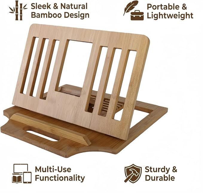 Bamboo Foldable Laptop Stand Holder, 6-Level Adjustable Ergonomic Notebook Riser with Heat Dissipation for 10-17 Inch Laptops, MacBook, Tablet