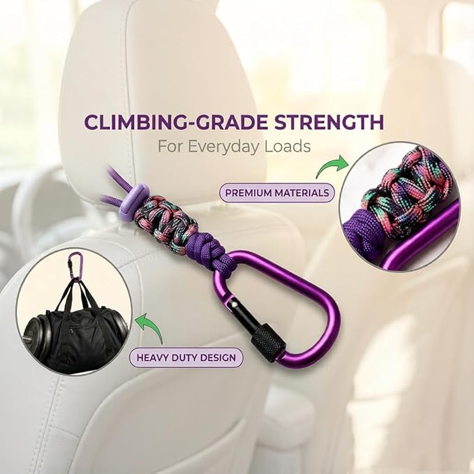Car Seat Back Hooks 2 Pack - Heavy Duty Rope & Metal Buckle Car Hangers, No Wobble Multi-Purpose Organizer for Grocery Bags, Backpacks, Umbrellas, Trash Bags (Fit Most Vehicles) Purple