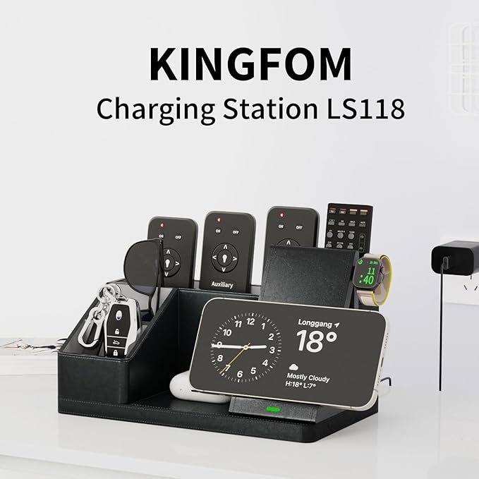 KINGFOM 3-in-1 Charging Station for iPhone, Apple Watch & AirPods – Fast Wireless Charger Stand, Desk Organizer with Phone Holder, Nightstand Dock for Apple Devices