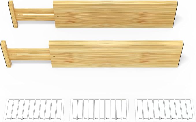 SpaceAid 4“ High Bamboo Deep Drawer Dividers with Labels, Kitchen Adjustable Drawer Organizers, Expandable Organization for Home, Office, Dressers and Bathroom, 2 Dividers (17-22 in)