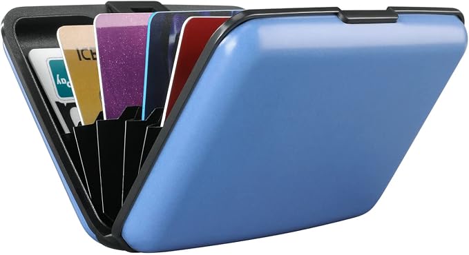 ELFISH RFID Blocking Credit Card Protector Aluminum ID Case Hard Shell Business Card Holders Metal Wallet for Men or Women（Matte Blue