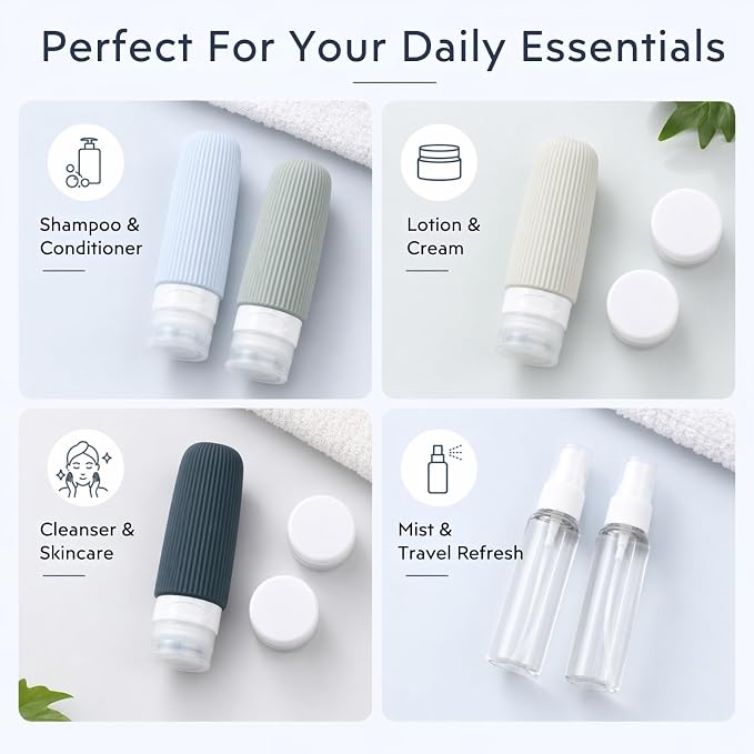 16 Pack Travel Bottles Set - TSA Approved Toiletry Bottles, Leak Proof Refillable Silicone Travel Size Containers with Jars, Spray Bottles, Funnel, Brush & Clear Bag for Carry-On, Camping & Vacation