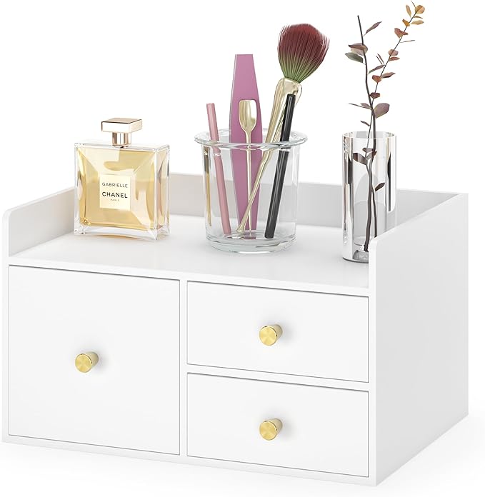 Bamboo Desk Organizer - Stackable, No Assembly Required, Ideal for Office/Home Use - Perfect for Toiletries, Stationery, Accessories. (White, Square drawer to the left of the fence)