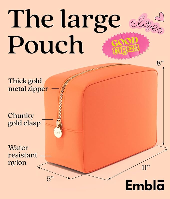 Embla Large Makeup Bag and Waterproof Nylon Travel Toiletry Bag, Large Capacity Cosmetic Zipper Pouch, Orange