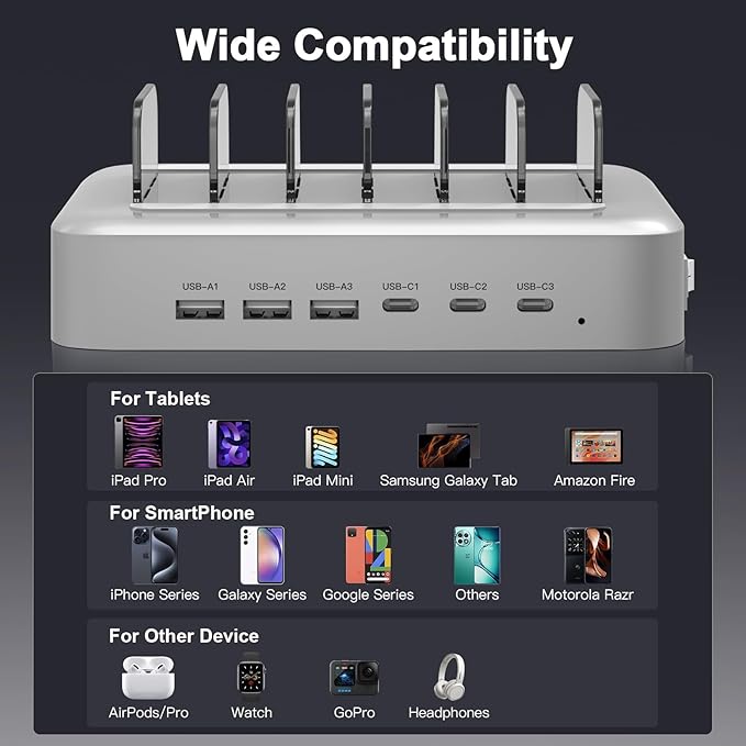 MSTJRY 90W 6-Port USB C Fast Charging Station for Multiple Devices, Multi PD Charger Station for iPhone iPad Tablet Phone, Charging Dock Organizer with Adjustable Dividers for Home Office Classroom