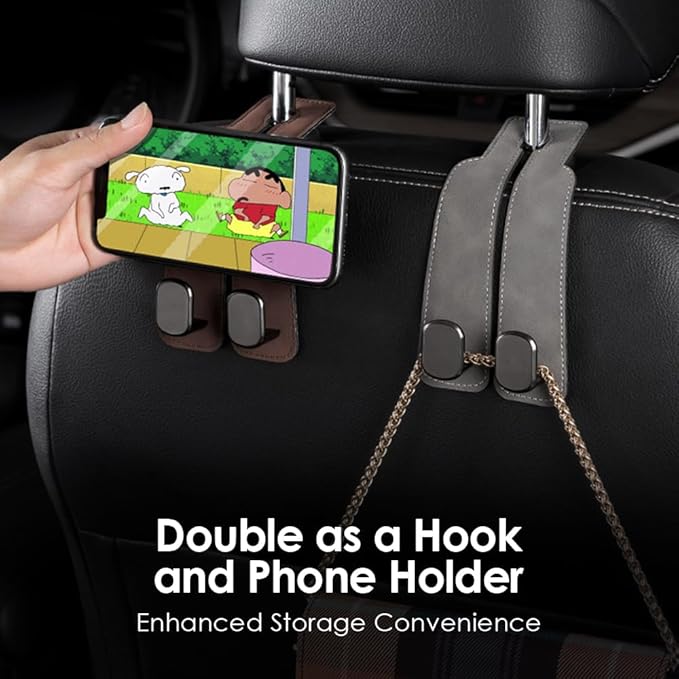 KINIVA Car Seat Headrest Storage Hooks, Set of 2, Suede PU Leather, Double Hooks (Grey-4 Pack)
