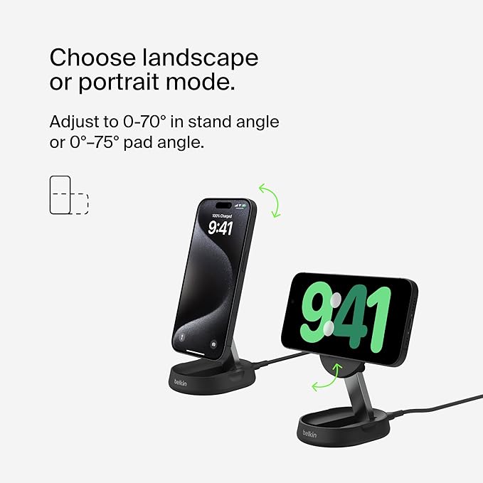 Belkin Convertible Magnetic Charging Stand 15W - MagSafe-Compatible Qi2-Certified Wireless Charging Station, iPhone Charger for Apple iPhone 16 Series, Airpods Pro, & More, No PSU - Black (2-Pack)