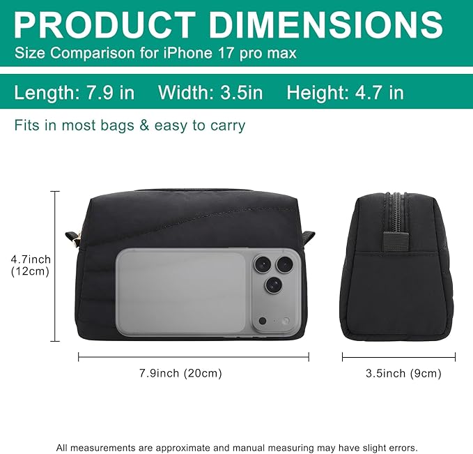 Travel Makeup Bag for Women, Small Cosmetic Bags Organizer Toiletry Bag, Nylon Pouch Travel Essentials Toiletries Accessories Brushes, Black