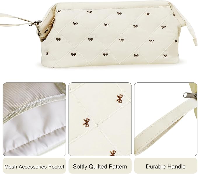 Stratalife Quilted Hair Tools Travel Bag with Polishing Cloth Compatible with Dyson Airwrap Shark Flex Style, Portable Toiletry Bag Hair Dryer Curling Iron Carrying Case Travel Essentials Beige Bow