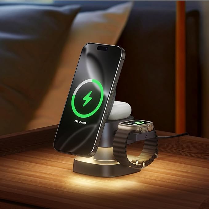 【2026 Upgraded】4 in 1 Wireless Charger, 3 in 1 Wireless Charging Station with Night Light for MagSafe Charger, 15W Magnetic Travel Stand for iPhone17/Air/Pro/Max/16/15/14, Apple Watch, Airpods (Gray)