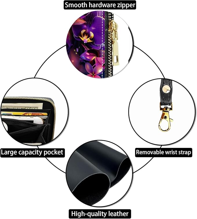 Women's Large Capacity Wallet PU Leather Zip Around Clutch Purse Multifunctional Wallet with Removable Wristlet Strap for Smart Phone/Coin/Card/Cash, Floral Wreath Women