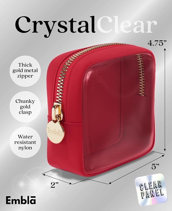 Embla Clear Cosmetic Bag Makeup Case, Clear Zipper Make Up Pouch and Toiletry Travel Tote, Cute Skincare Pouches for Women Girls, Preppy Purse Cosmetic Organizer, Mini Makeup Bags, Ruby Red
