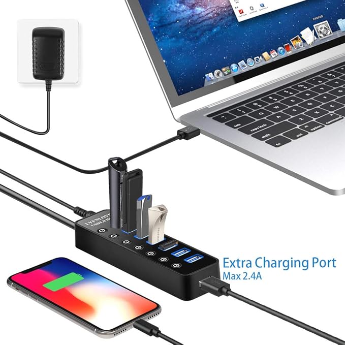 Powered USB Hub 3.0 Extender, Multiple Port Hub Splitter for Laptop PC with Power Adapter and Charging Port, USB Expander with On/Off Switches for MacBook, iMac, Surface Pro