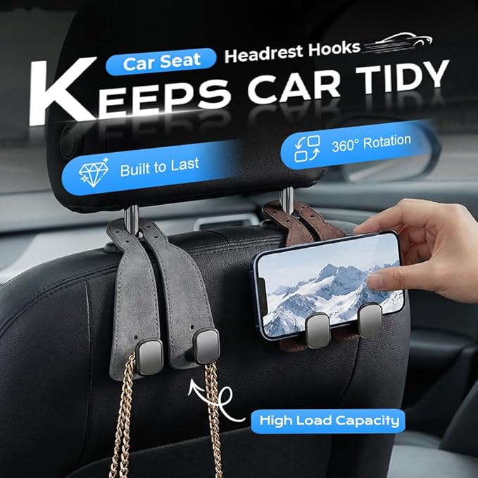 Headrest Hooks for Car, 2026 New Leather Headrest Hooks for Car, Multifunctional Double Hook Holder for Convenient Storage, Auto Hooks Organizer for Handbag Purse Coat Bags (Brown,2)