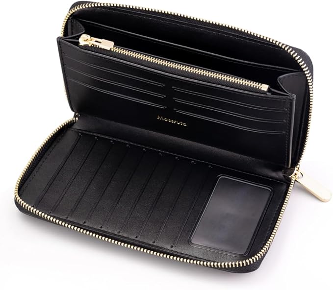 Luxury Real Leather Zip Around Travel Wallet | Large Capicity Card Holder Organizer | Classic Phone Clutch for Men Women (Black - Saffiano Leather)