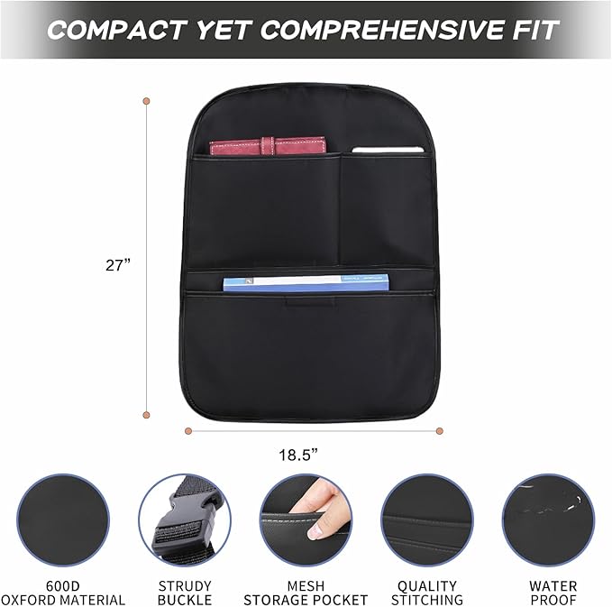 Kick Mat Back Seat Protector， Waterproof Leather Car Seat Back Organizers Cover with 3 Storage Pockets for Kids Pets SUV Sedan Minivan Truck Car Travel Accessories (Black 2-pack)