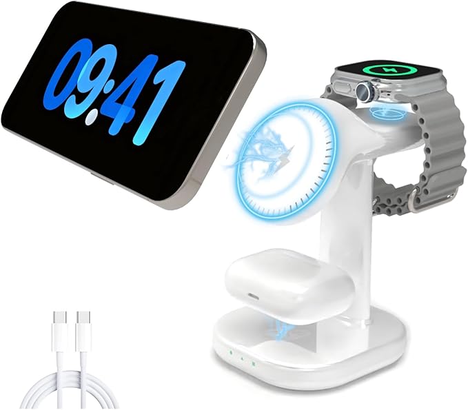 3 in 1 Wireless Charging Station for Magsafe Charger Stand,Magnetic Phone Charger for iPhone,for Apple Watch,for Airpods,for Magsafe Charging Station (White)