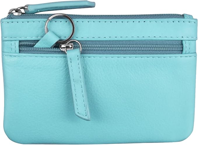 ili New York Mini Leather Coin Purse, Compact Genuine Leather Pouch with Key Ring & RFID Protection, Used for Coins, Keys and Cards, Ideal for Travel and Everyday Carry, Aegean Blue