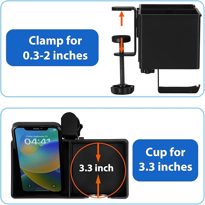 Rosyline 3-in-1 Desk Cup Holder & Clip-on Cup Holder, Clip on Desk Organizer – with Anti-Spill Function, Keeps Your Coffee, Headset, Phone & Pens Within Easy Reach, for Office Desk (Black)