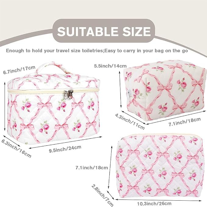 FITINI Makeup Bag Travel Large Quilted Toiletry Bag 3 Pack Portable Cosmetic Organizer Pouch with Small Brush Storage Case Zipper Waterproof for Women,Pink