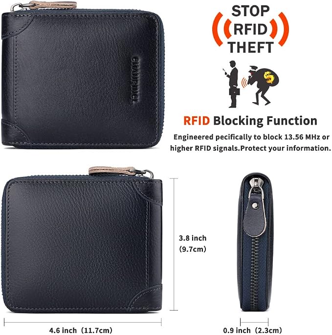 Mens Genuine Leather Zipper Wallet RFID Secure Large Capacity Double Fold Multi-card Leather Wallets for Men and coin purse