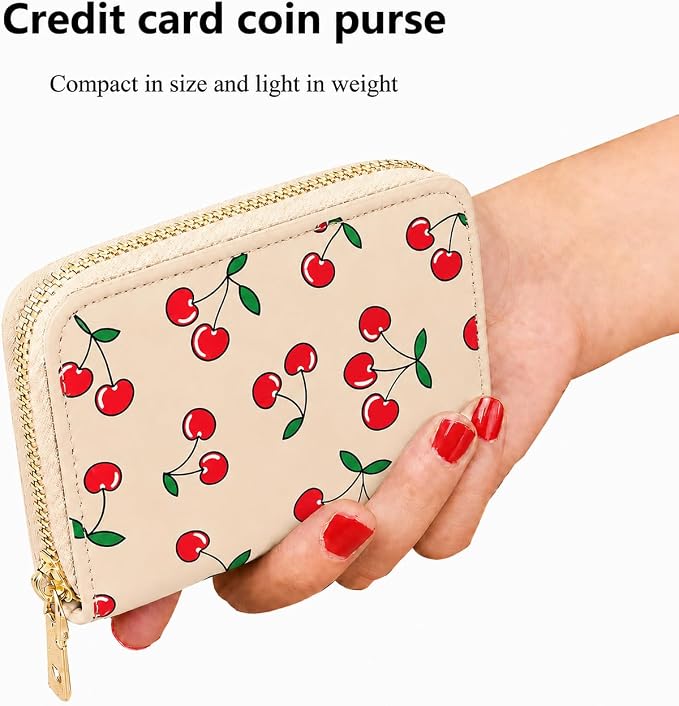 Ladies change card bag, zip storage bank card case, small portable 11 large capacity pouch, holds banknote change credit card(Khaki-colored cherries)