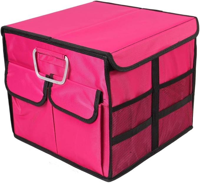 Car Trunk Organizer Collapsible Portable Multi Compartments Organizer with Non Slip Straps for SUV Truck Auto Vehicle Car Auto Minivan (Small covered, Rose red)
