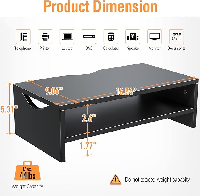 Monitor Stand Riser, 2 Tiers Wood Monitor Riser Stand with Desktop Shelf Storage Organizer, Desktop Stand for Laptop Computer, MacBook, Notebook, PC(Black)