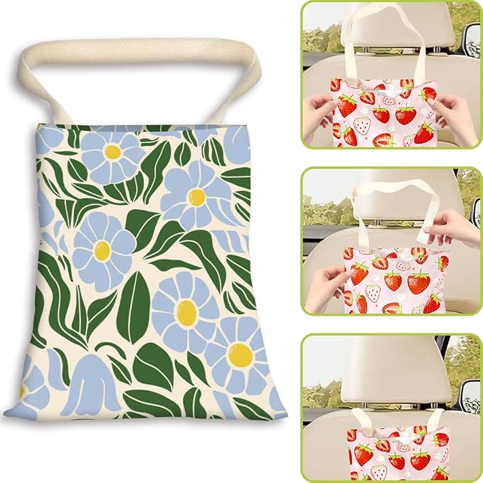 Car Garbage Bag Hanging 9.8 x 11.8 Inch Floral Car Trash Bag Boho Flowers Leaf Polyester Washable Waterproof Cute Storage Can for Vehicle Interior Travel Accessories Reusable Leak Proof