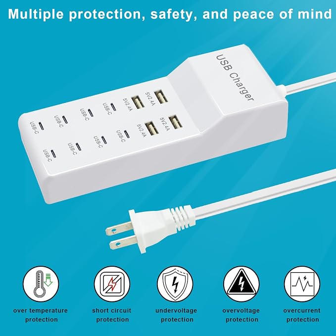 USB Charger Block, 12-Port Charging Station (4 USB-A and 8 USB-C Ports) | USB Hub Compatible with Multiple Devices for iPhone 17/16/15/14/13/12Pro, Tablet PC, Smartphone