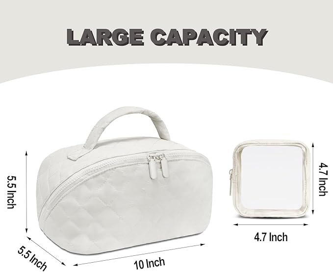 Makeup Bag,Quilted Puffer Cosmetic Bag for Women, 180° Lay-Flat Travel Make up Bag, Waterproof Large Capacity Toiletry Bag with Sturdy Zippers, Portable Makeup Organizer for Travel & Daily Use