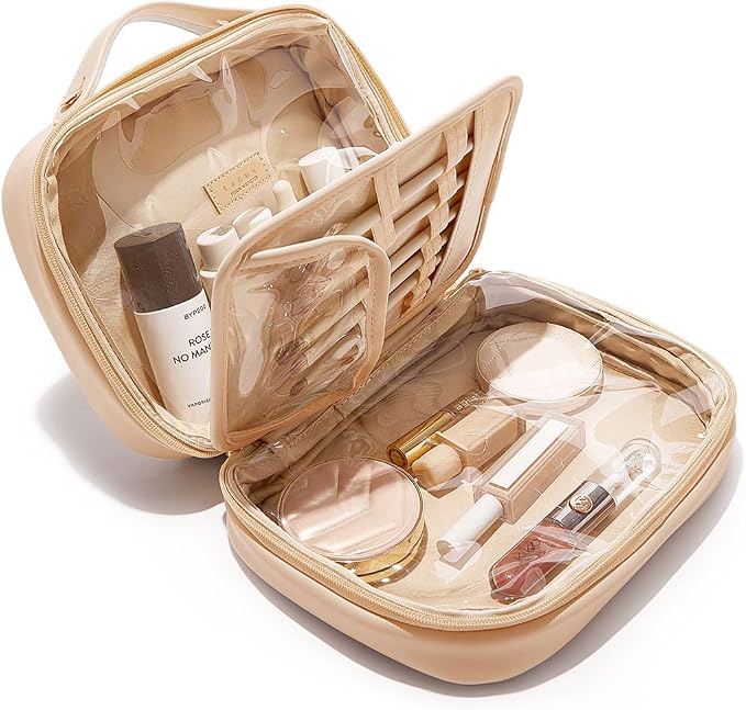 EACHY Travel Makeup Bag, Large Capacity Cosmetic Bag for Women, Waterproof PU Leather, Flat Open Portable Toiletry Bag for Skincare, Brushes & Travel Essentials