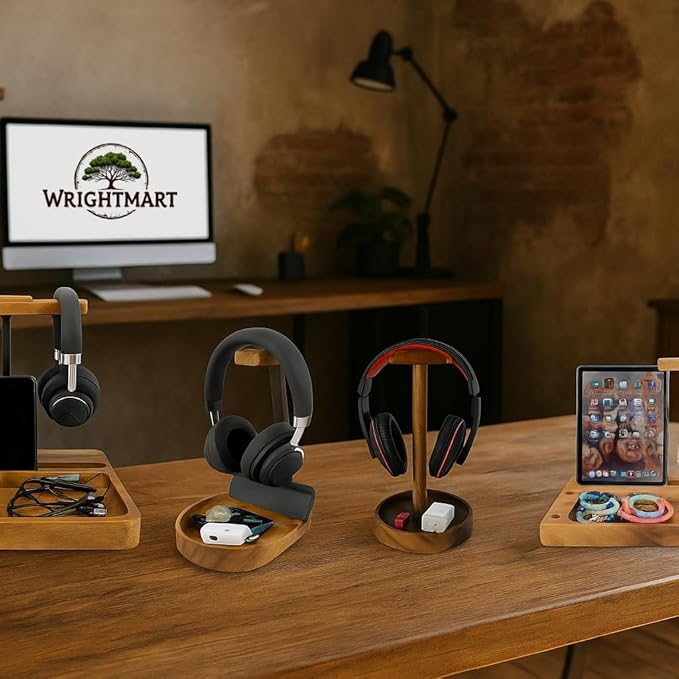 Wooden Headphone Stand with Tray – Solid Acacia Headset Holder for Desk Organization, Universal Fit for Sony, Bose, Beats, Gaming Headsets & Controllers