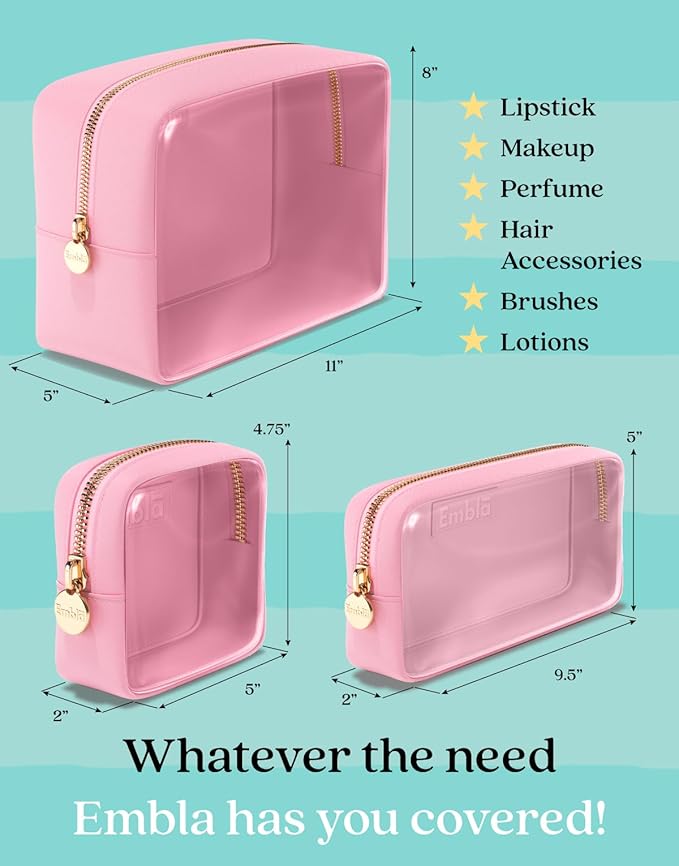 Embla 3 Piece Clear Makeup Bag Set for Toiletries Large Medium Small Skincare Organizer Zipper Pouches Travel Toiletry Bathroom Bags Women Girls Cute Make Up Cosmetic Nylon Pouch Light Pink